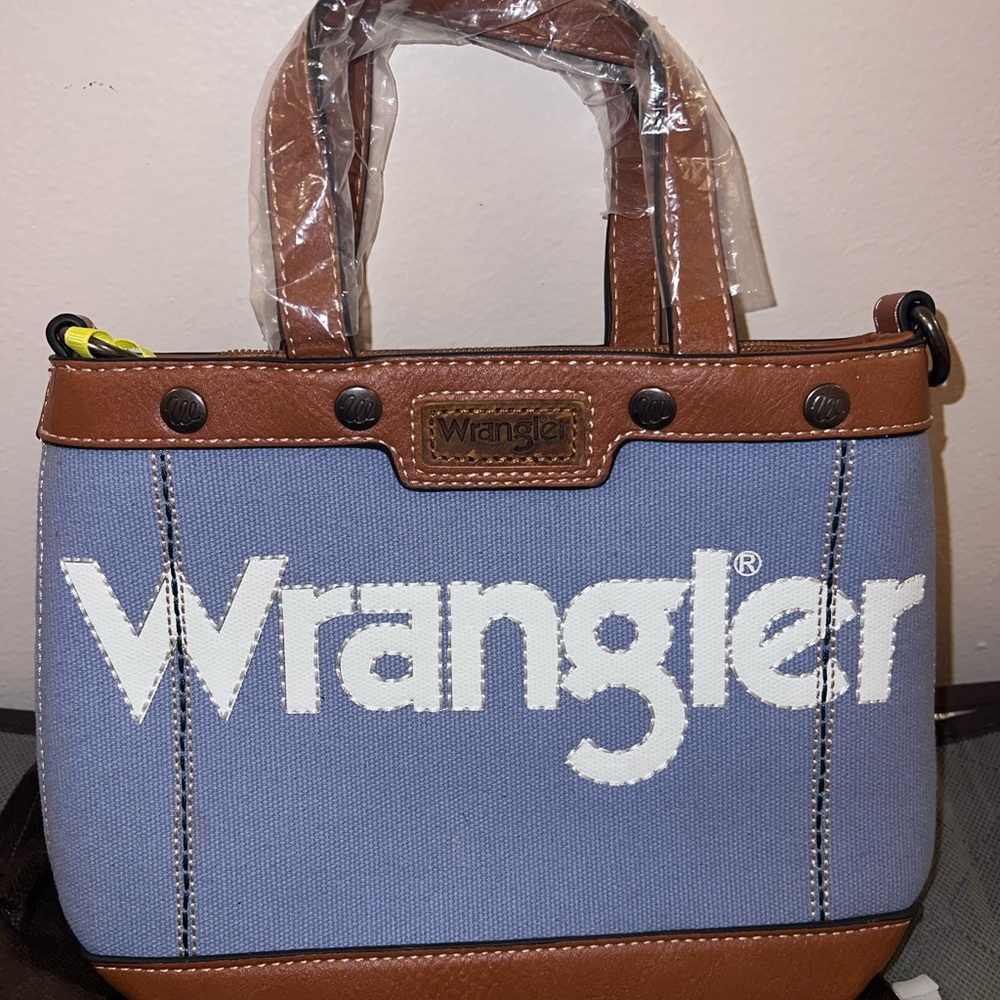Wrangler Blue and Brown Crossbody Tote Bag with Leather Accents